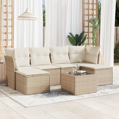 Set canapele de grădină, 7 piese, cu perne, bej, poliratan GartenMobel Dekor