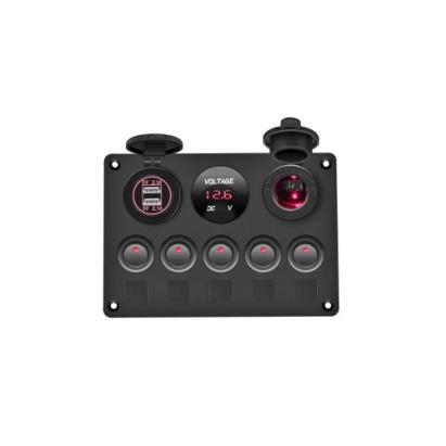 Panou de comutatoare cu priză, voltmetru, 5 întrerupătoare și port USB 12V 20A Cod: SPA37 Automotive TrustedCars