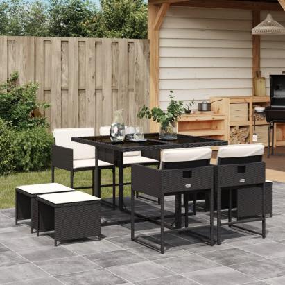 Set mobilier de grădină cu perne, 9 piese, negru, poliratan GartenMobel Dekor