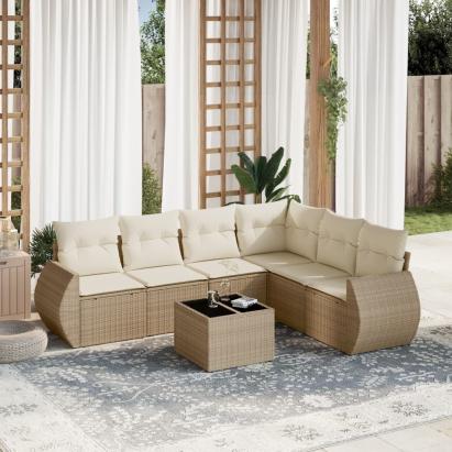 Set canapele de grădină, 7 piese, cu perne, bej, poliratan GartenMobel Dekor