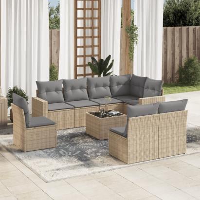 Set canapele de grădină, 9 piese, cu perne, bej, poliratan GartenMobel Dekor