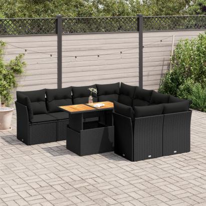 Set mobilier de grădină cu perne, 9 piese, negru, poliratan GartenMobel Dekor
