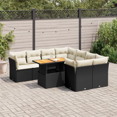 Set mobilier de grădină cu perne, 9 piese, negru, poliratan GartenMobel Dekor