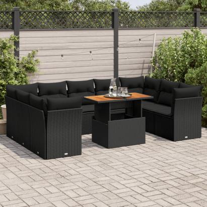 Set canapele de grădină cu perne, 10 piese, negru, poliratan GartenMobel Dekor