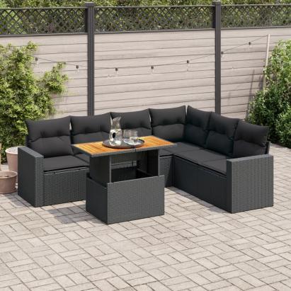 Set canapele de grădină cu perne, 7 piese, negru, poliratan GartenMobel Dekor
