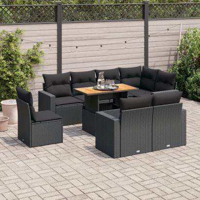 Set mobilier de grădină cu perne, 9 piese, negru, poliratan GartenMobel Dekor
