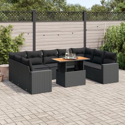 Set canapele de grădină cu perne, 10 piese, negru, poliratan GartenMobel Dekor