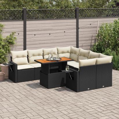 Set mobilier de grădină cu perne, 9 piese, negru, poliratan GartenMobel Dekor