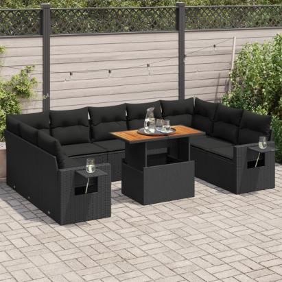 Set canapele de grădină cu perne, 10 piese, negru, poliratan GartenMobel Dekor