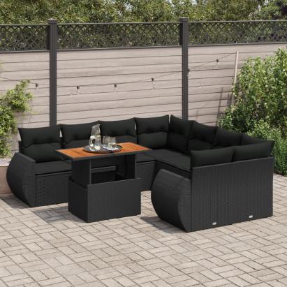 Set mobilier de grădină cu perne, 9 piese, negru, poliratan GartenMobel Dekor