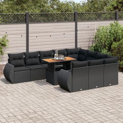 Set canapele de grădină cu perne, 11 piese, negru, poliratan GartenMobel Dekor