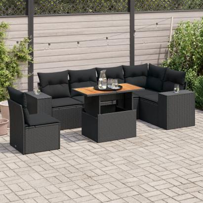Set canapele de grădină cu perne, 7 piese, negru, poliratan GartenMobel Dekor