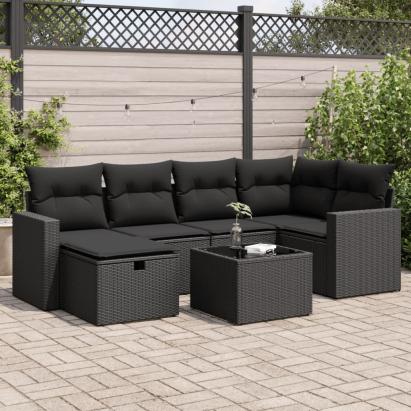 Set canapele de grădină cu perne, 7 piese, negru, poliratan GartenMobel Dekor