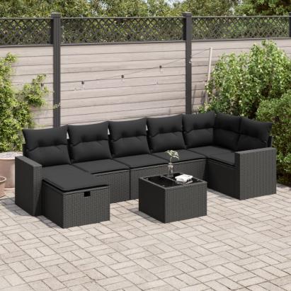 Set mobilier de grădină cu perne, 8 piese, negru, poliratan GartenMobel Dekor