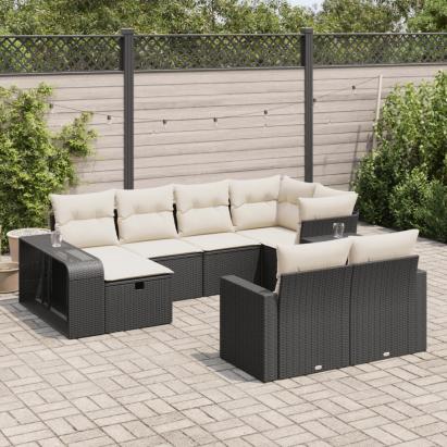 Set canapele de grădină cu perne, 10 piese, negru, poliratan GartenMobel Dekor