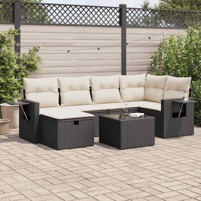 Set canapele de grădină cu perne, 7 piese, negru, poliratan GartenMobel Dekor