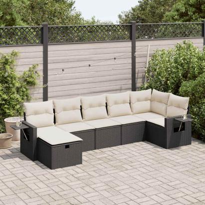Set canapele de grădină cu perne, 7 piese, negru, poliratan GartenMobel Dekor