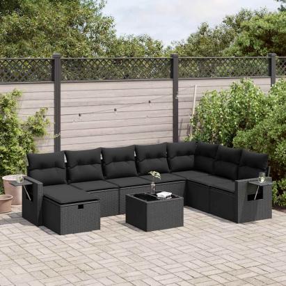 Set mobilier de grădină cu perne, 9 piese, negru, poliratan GartenMobel Dekor