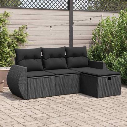 Set mobilier de grădină cu perne, 4 piese, negru, poliratan GartenMobel Dekor