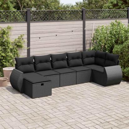 Set canapele de grădină cu perne, 7 piese, negru, poliratan GartenMobel Dekor
