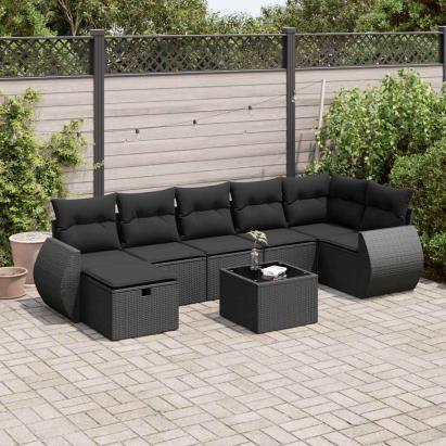 Set mobilier de grădină cu perne, 8 piese, negru, poliratan GartenMobel Dekor