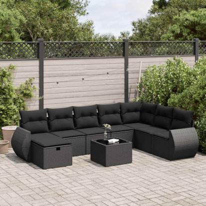 Set mobilier de grădină cu perne, 9 piese, negru, poliratan GartenMobel Dekor
