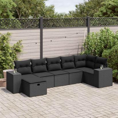 Set canapele de grădină cu perne, 7 piese, negru, poliratan GartenMobel Dekor