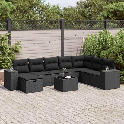 Set mobilier de grădină cu perne, 9 piese, negru, poliratan GartenMobel Dekor
