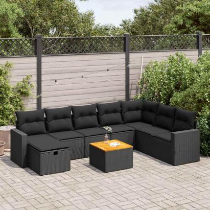 Set mobilier de grădină cu perne, 9 piese, negru, poliratan GartenMobel Dekor