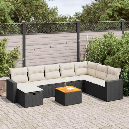 Set mobilier de grădină cu perne, 9 piese, negru, poliratan GartenMobel Dekor