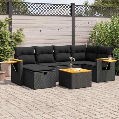 Set canapele de grădină cu perne, 7 piese, negru, poliratan GartenMobel Dekor