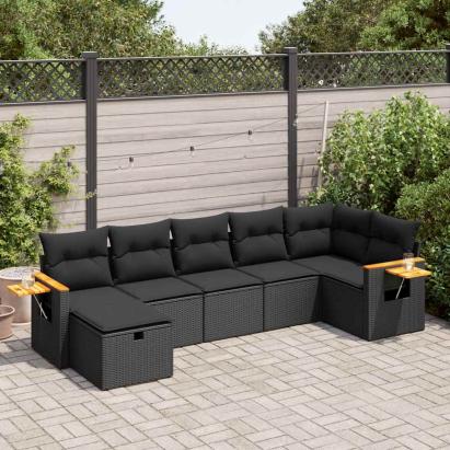 Set canapele de grădină cu perne, 7 piese, negru, poliratan GartenMobel Dekor