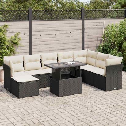 Set mobilier de grădină cu perne, 9 piese, negru, poliratan GartenMobel Dekor