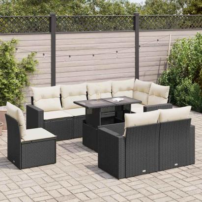 Set mobilier de grădină cu perne, 9 piese, negru, poliratan GartenMobel Dekor