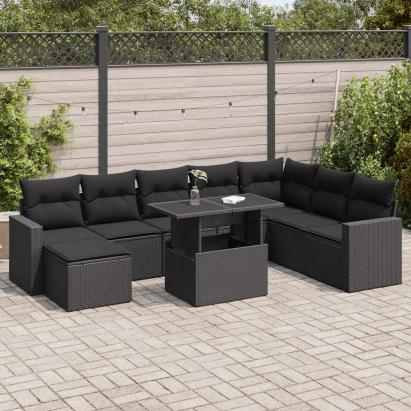 Set mobilier de grădină cu perne, 9 piese, negru, poliratan GartenMobel Dekor