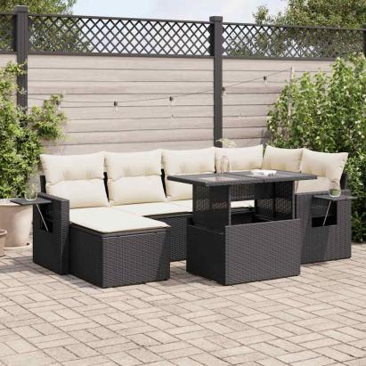 Set canapele de grădină cu perne, 7 piese, negru, poliratan GartenMobel Dekor