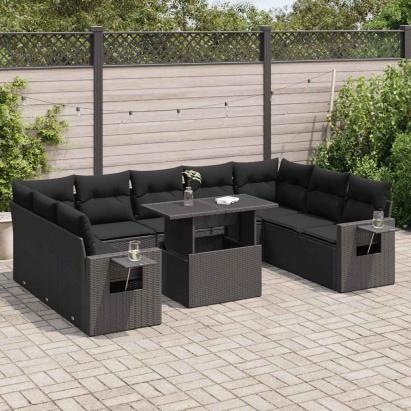 Set canapele de grădină cu perne, 10 piese, negru, poliratan GartenMobel Dekor