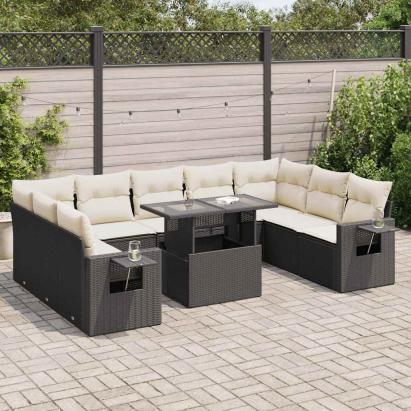 Set canapele de grădină cu perne, 10 piese, negru, poliratan GartenMobel Dekor