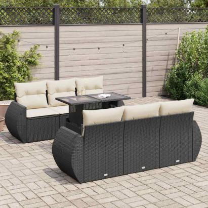 Set canapele de grădină cu perne, 7 piese, negru, poliratan GartenMobel Dekor