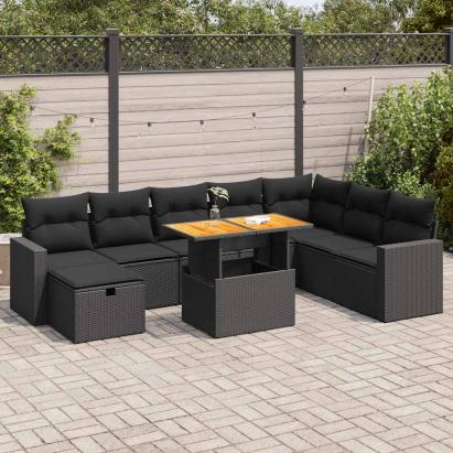 Set mobilier grădină perne 9 piese negru poliratan/lemn acacia GartenMobel Dekor