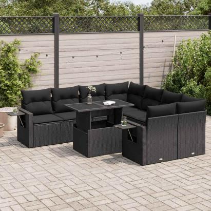 Set mobilier de grădină cu perne, 9 piese, negru, poliratan GartenMobel Dekor