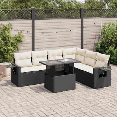 Set canapele de grădină cu perne, 7 piese, negru, poliratan GartenMobel Dekor