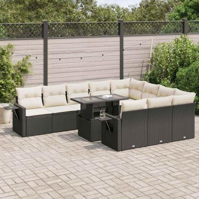 Set canapele de grădină cu perne, 11 piese, negru, poliratan GartenMobel Dekor