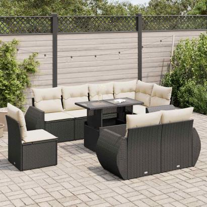Set mobilier de grădină cu perne, 9 piese, negru, poliratan GartenMobel Dekor