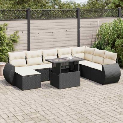 Set mobilier de grădină cu perne, 9 piese, negru, poliratan GartenMobel Dekor