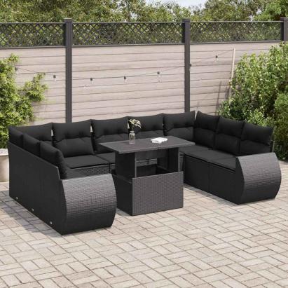 Set canapele de grădină cu perne, 10 piese, negru, poliratan GartenMobel Dekor