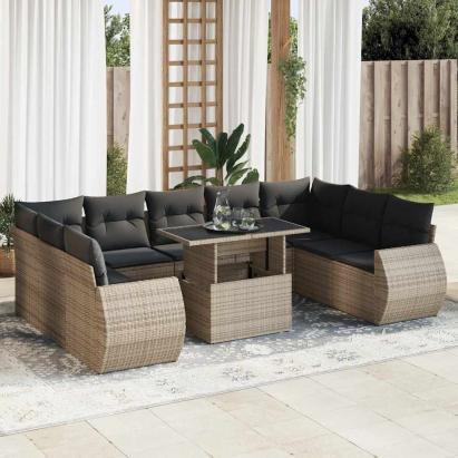 Set mobilier de grădină cu perne, 10 piese, gri, poliratan GartenMobel Dekor