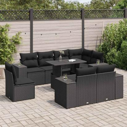 Set mobilier de grădină cu perne, 9 piese, negru, poliratan GartenMobel Dekor