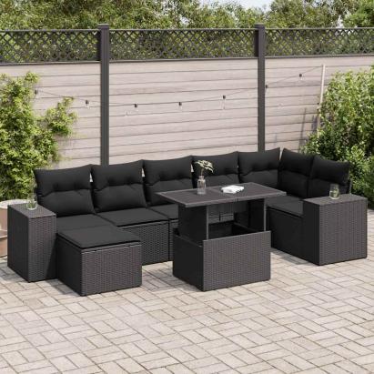 Set mobilier de grădină cu perne, 8 piese, negru, poliratan GartenMobel Dekor