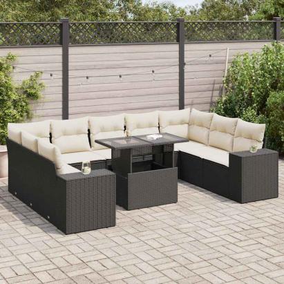 Set canapele de grădină cu perne, 10 piese, negru, poliratan GartenMobel Dekor